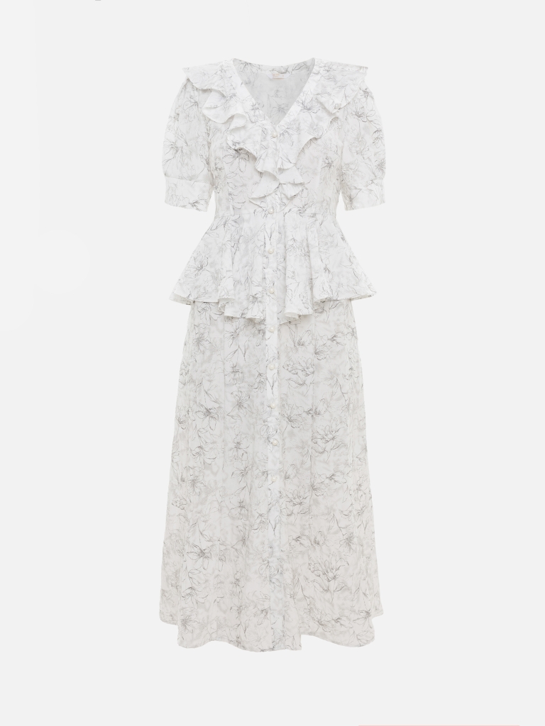 Sukienka o długości midi z rękawami w kształcie lampionów i perłowymi guzikami