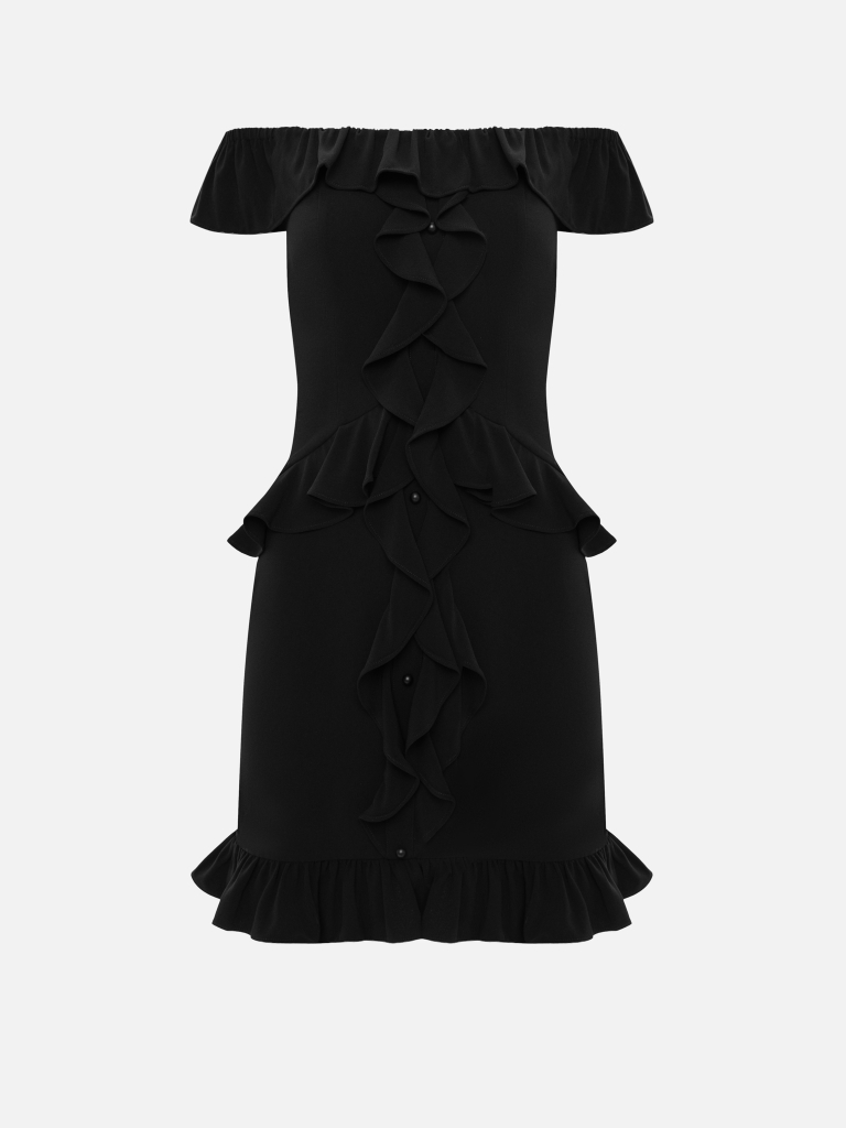 Open-shoulder mini dress with matching ruffles