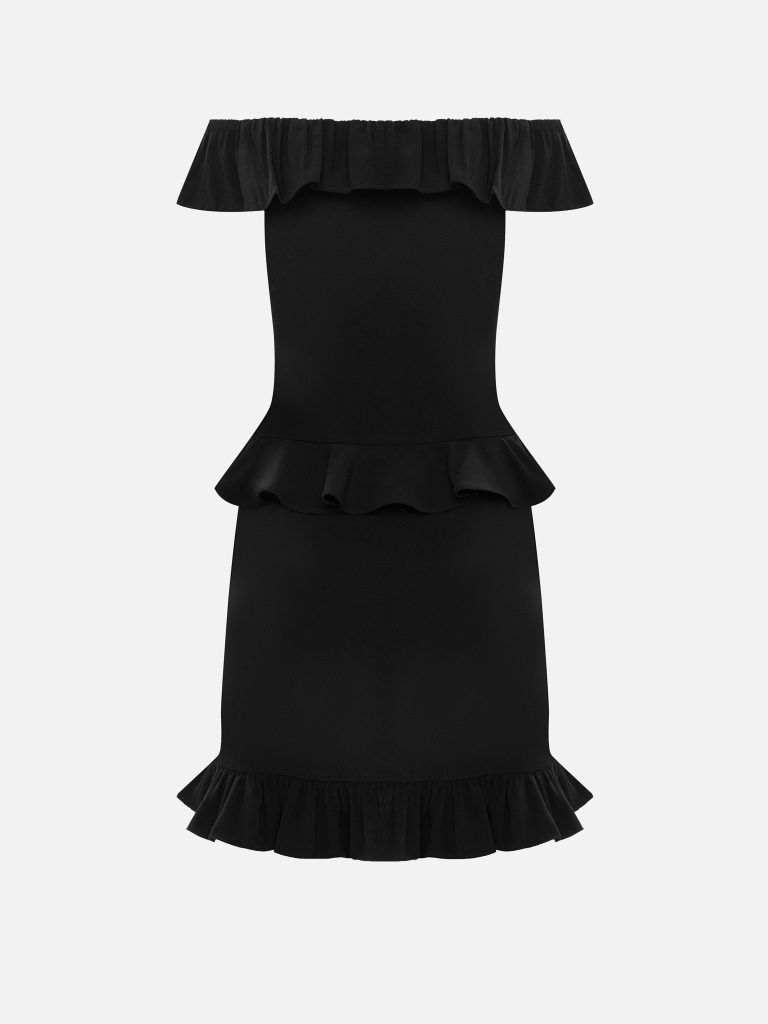 Open-shoulder mini dress with matching ruffles