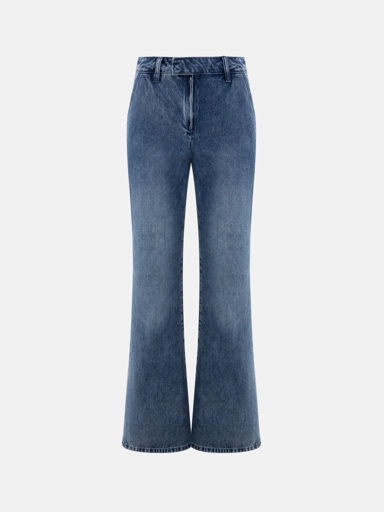 Flared denim jeans with distressed details
