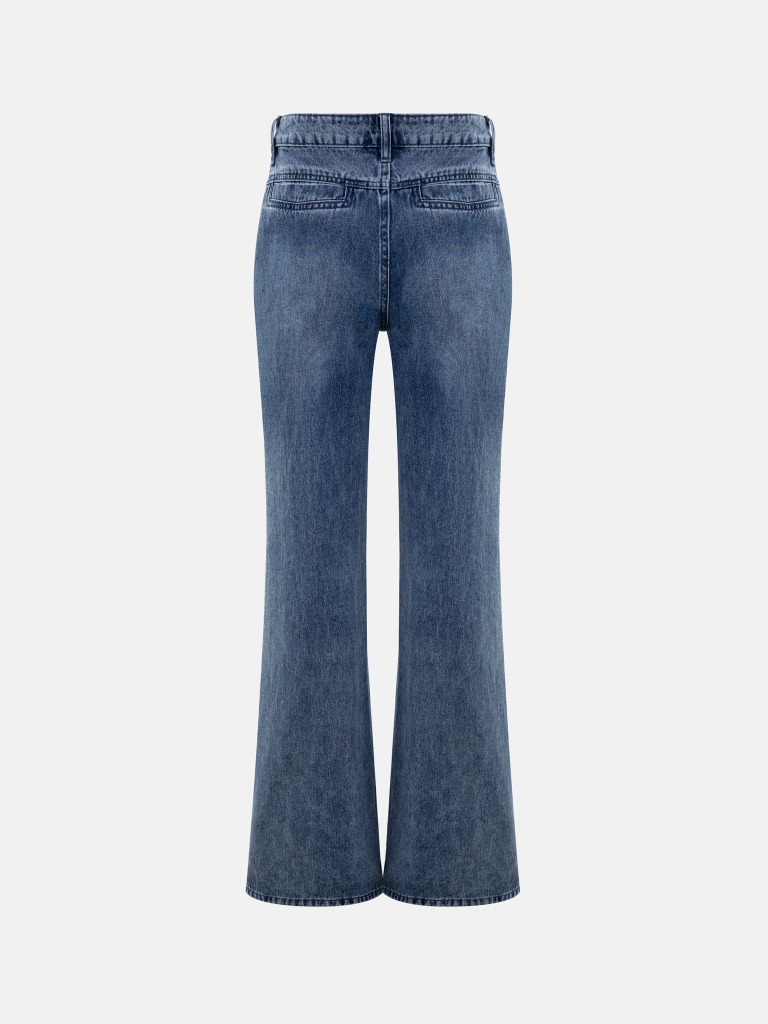Flared denim jeans with distressed details