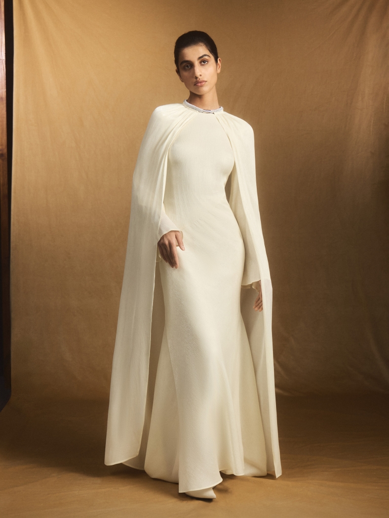 Maxi dress in a jacquard-effect fabric with tonal cape
