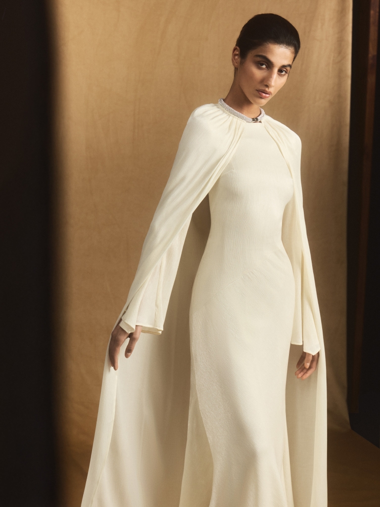Maxi dress in a jacquard-effect fabric with tonal cape