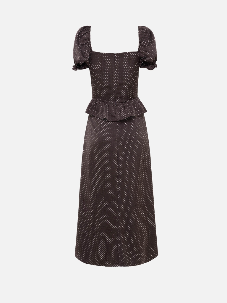 Sukienka midi w groszki z baskinką w talii