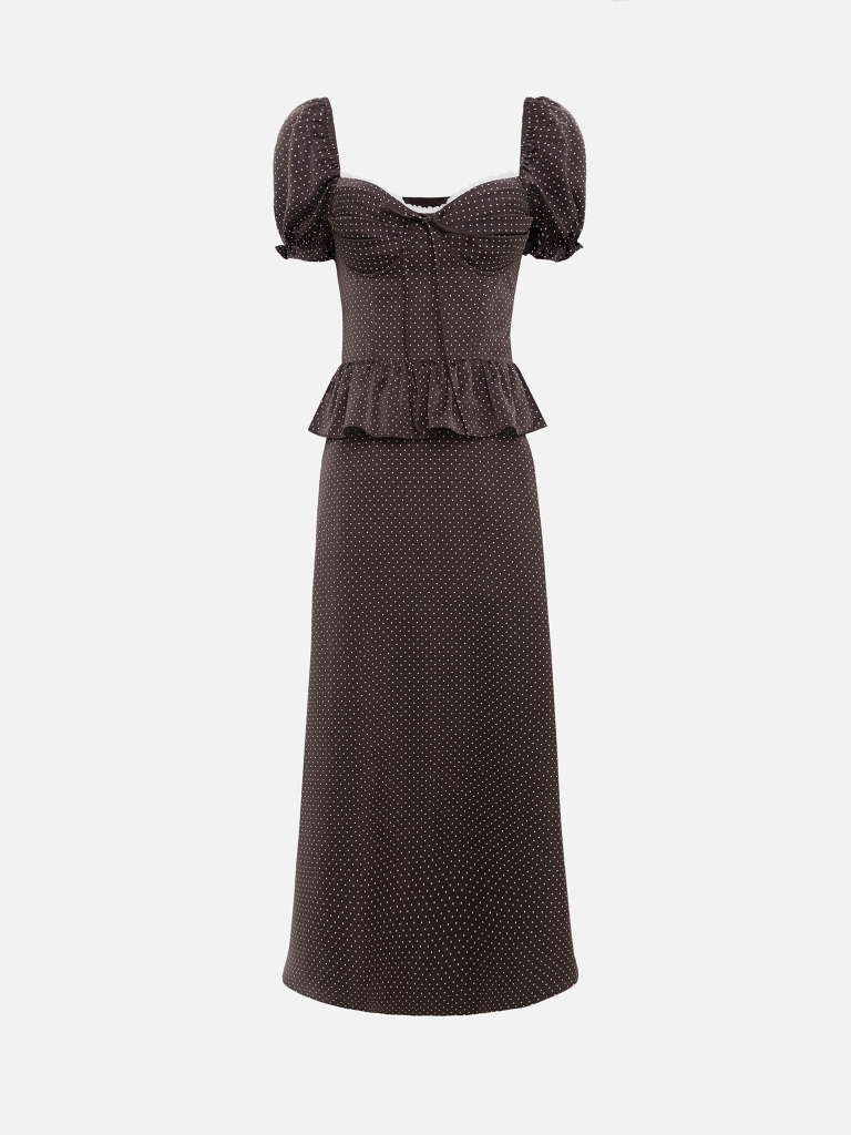 Sukienka midi w groszki z baskinką w talii