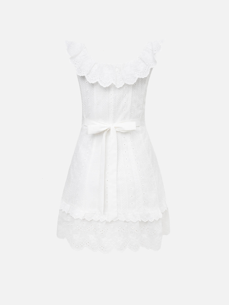 Mini dress in textured fabric with ruffles on the collar and skirt