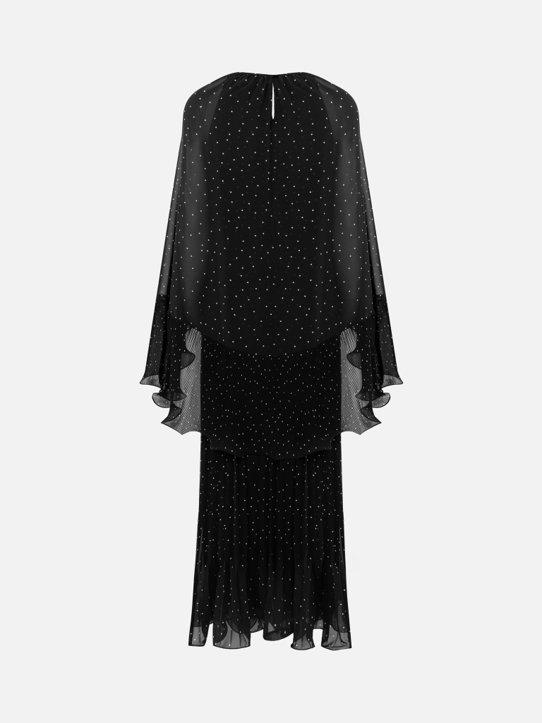 Polka dot chiffon maxi dress with voluminous cape