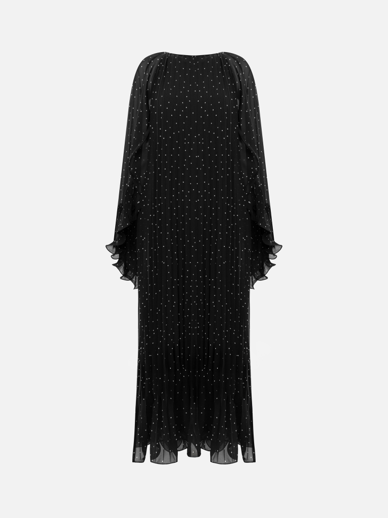 Polka dot chiffon maxi dress with voluminous cape