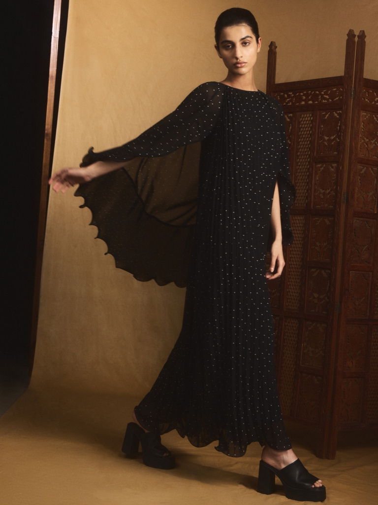 Polka dot chiffon maxi dress with voluminous cape