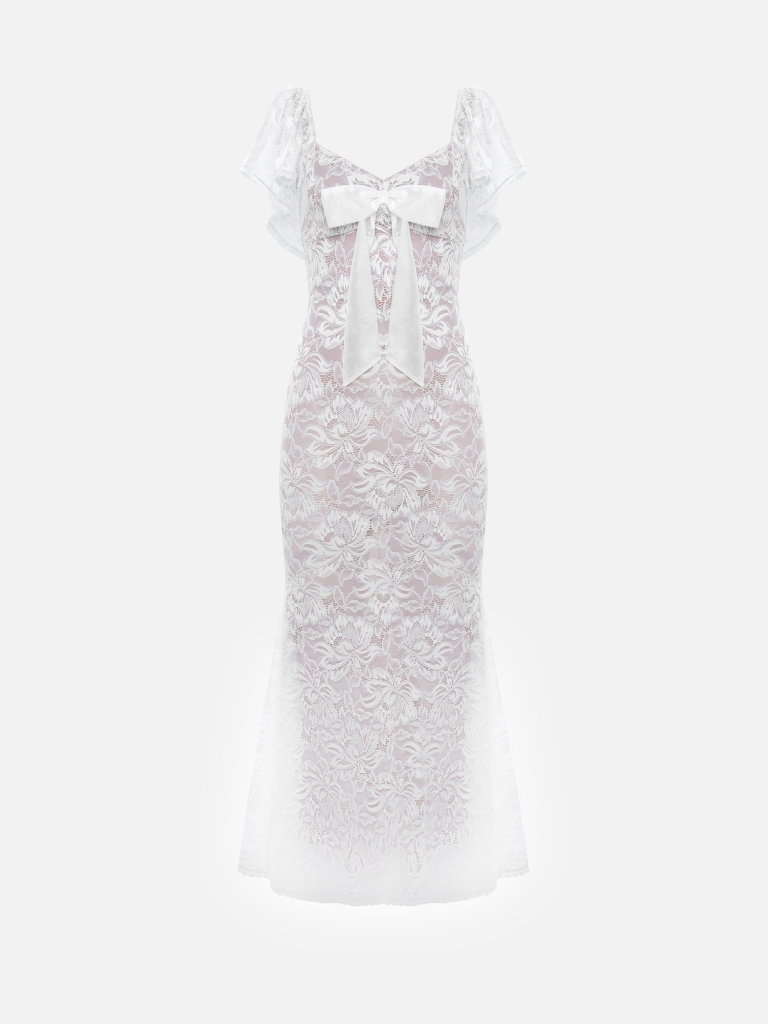 Robe midi en dentelle à manches légères et nœud en satin