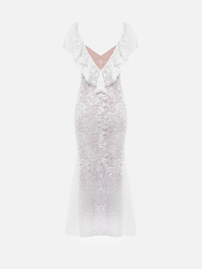 Robe midi en dentelle à manches légères et nœud en satin