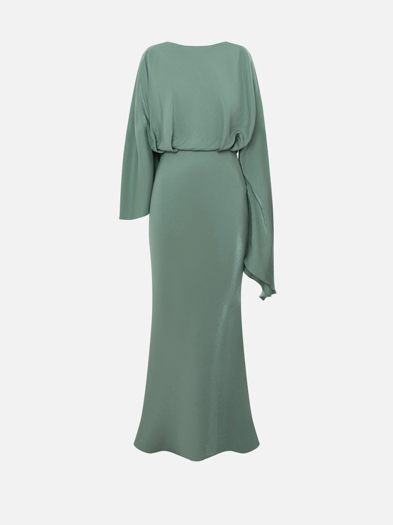 Satin maxi dress with puff sleeves