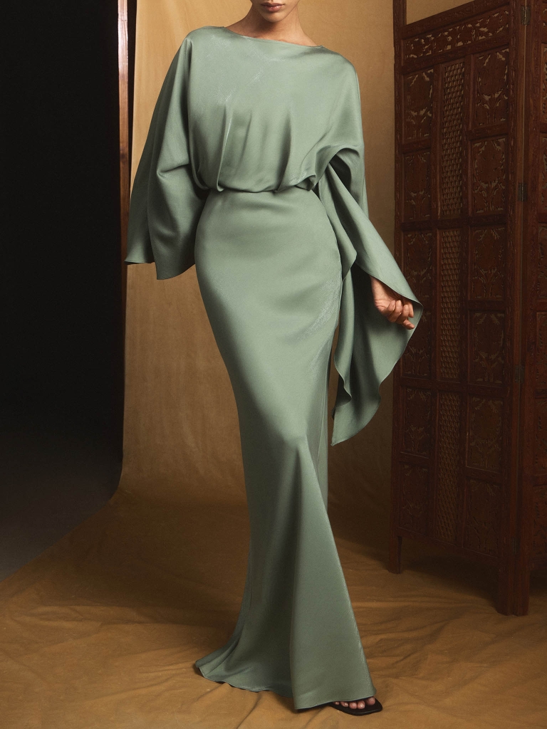 Satin maxi dress with puff sleeves