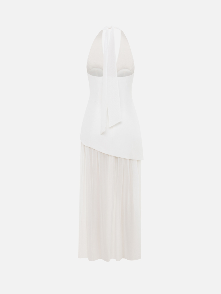 Two-material maxi dress with a flowing floor-length skirt