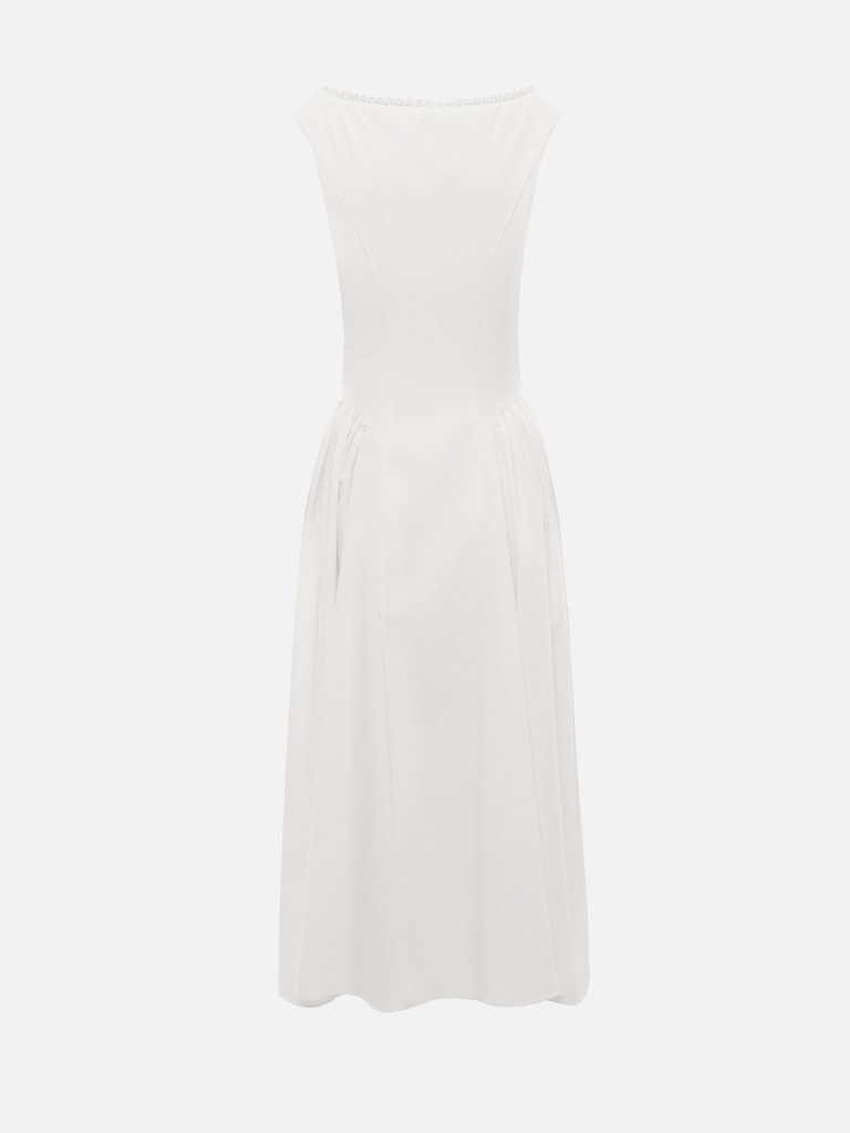 Midi dress with oval neckline and voluminous skirt