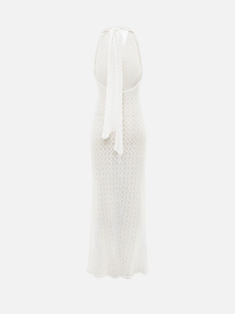 Maxi dress in openwork knit with golden detailing on the bodice