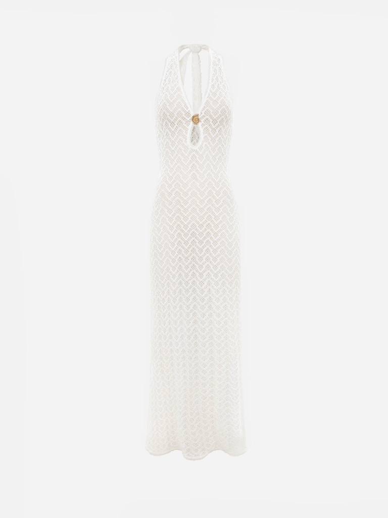 Maxi dress in openwork knit with golden detailing on the bodice