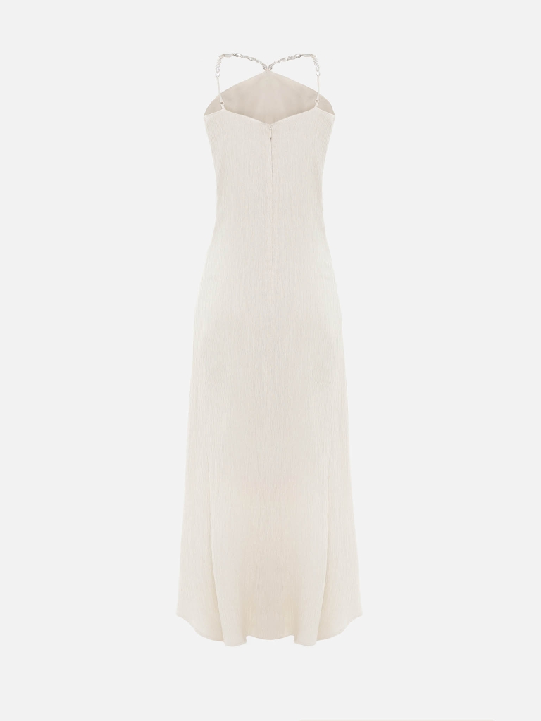 Maxikleid aus Crinkle-Stoff mit perlmuttartigen Details am Oberteil