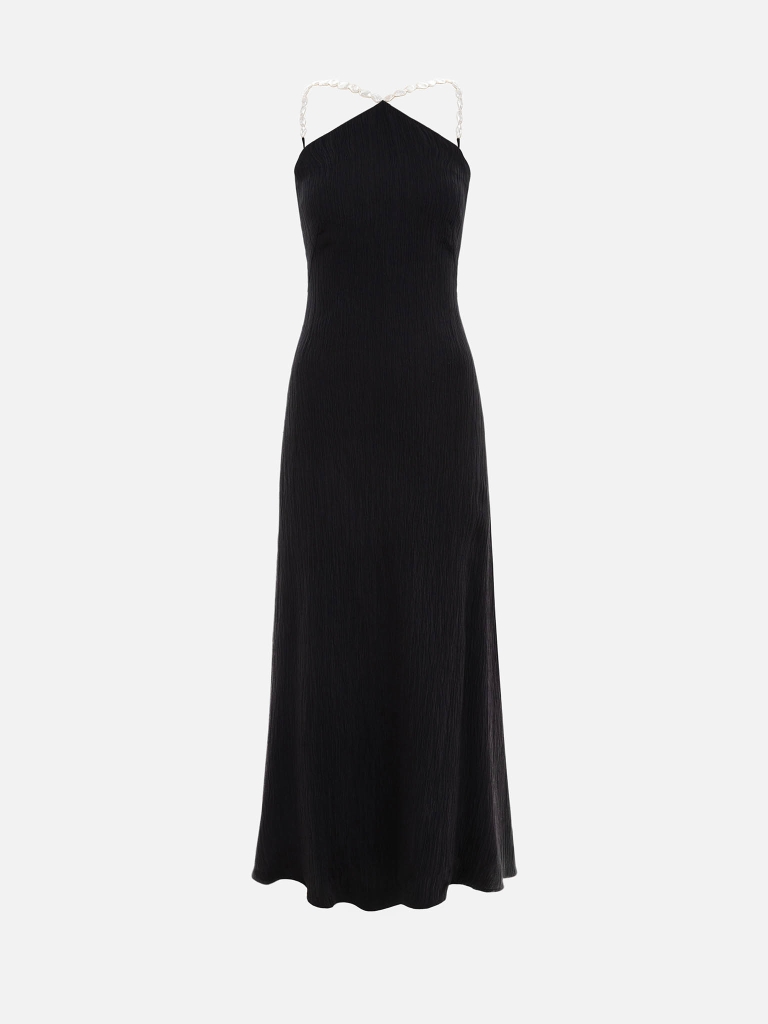 Maxikleid aus Crinkle-Stoff mit perlmuttartigen Details am Oberteil