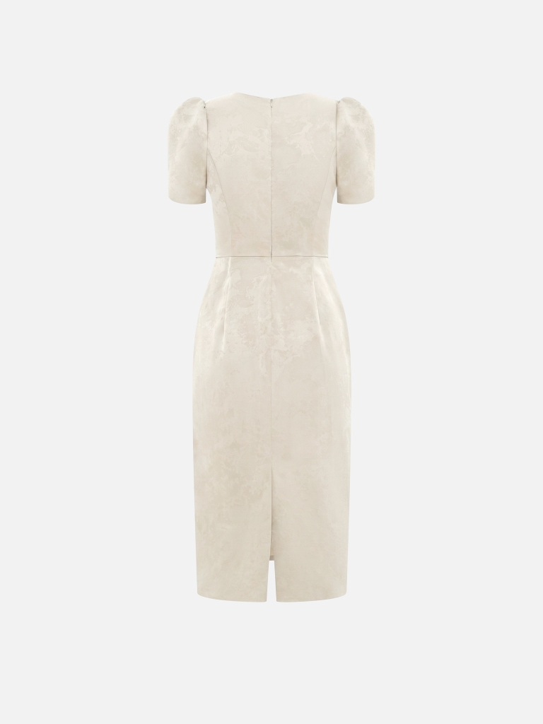 Midi dress with voluminous short sleeves and a straight skirt