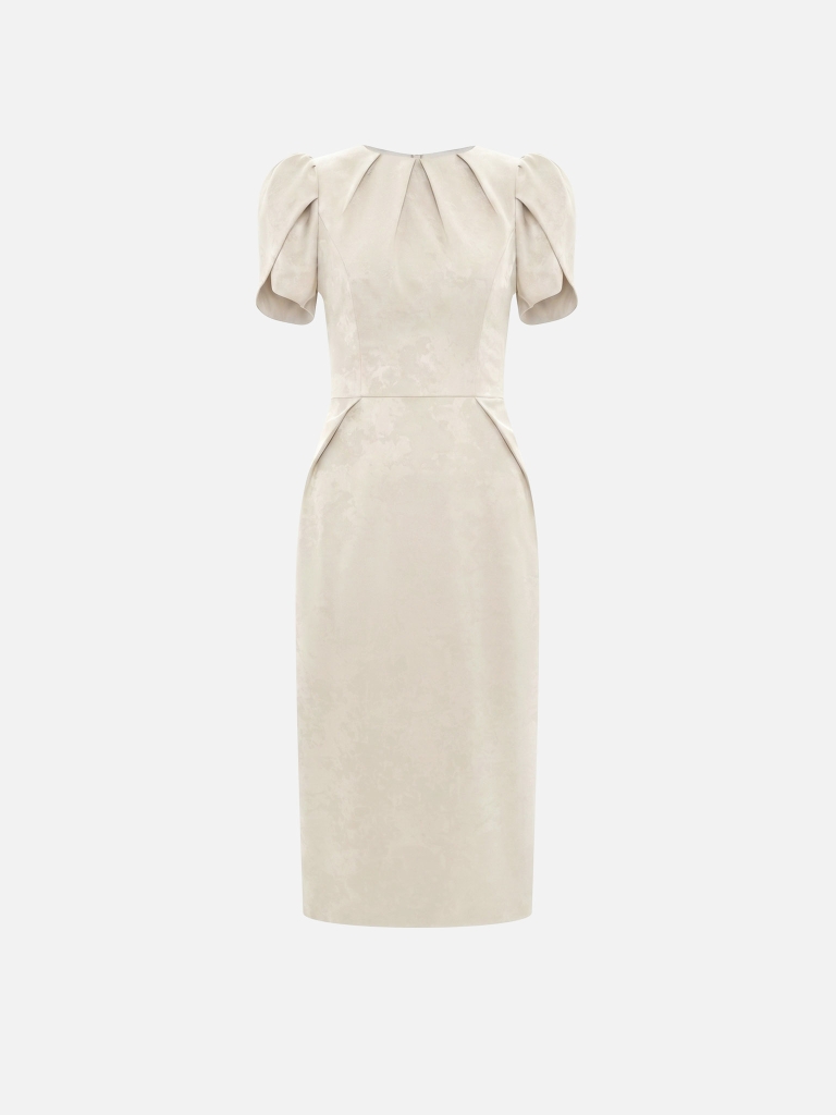 Midi dress with voluminous short sleeves and a straight skirt