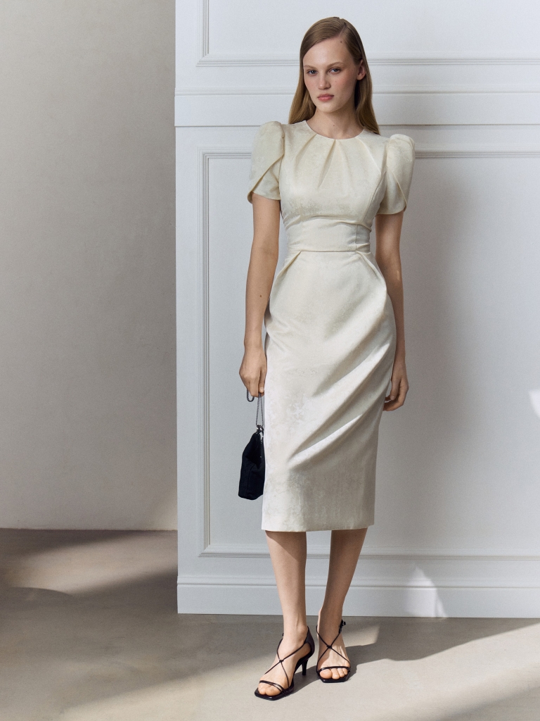 Midi dress with voluminous short sleeves and a straight skirt