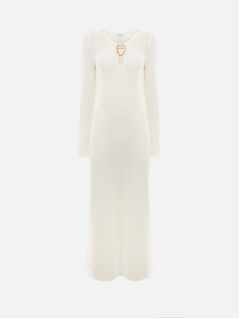 Maxi dress in openwork knit with long sleeves and detailing on the bodice