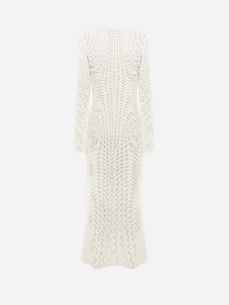 Maxi dress in openwork knit with long sleeves and detailing on the bodice