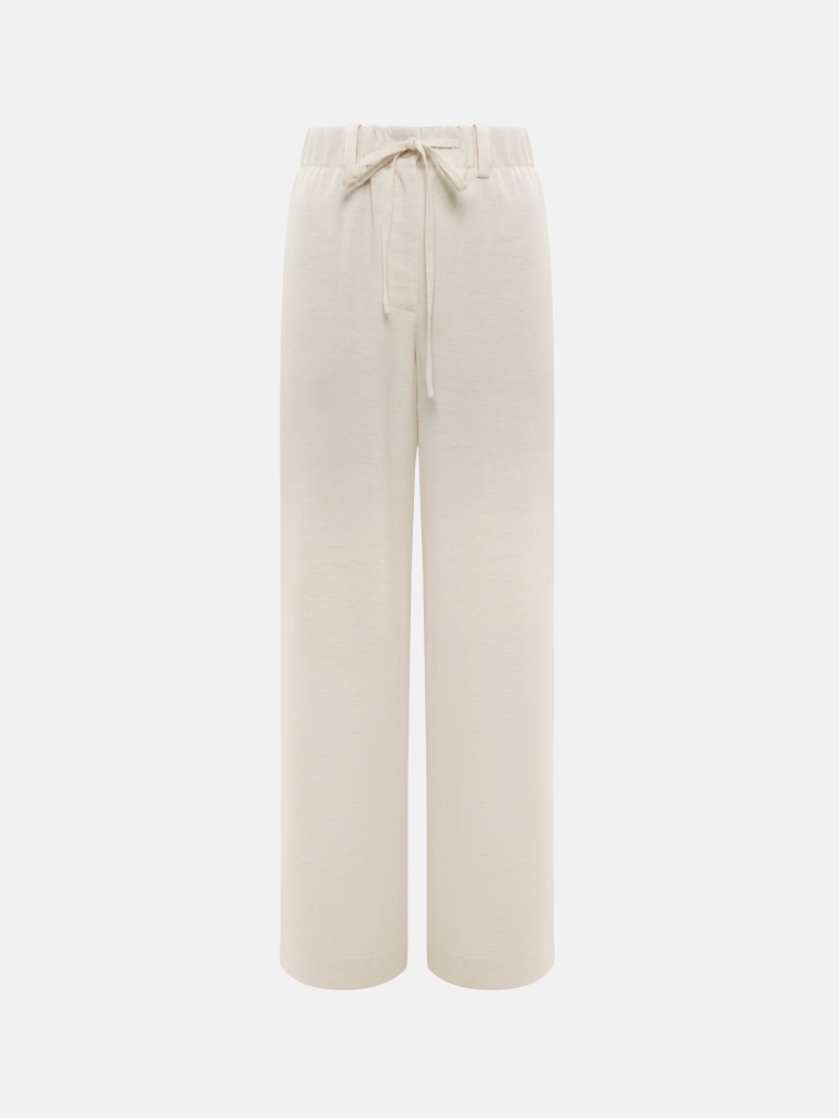 Loose-fitting viscose and linen trousers with waist ties