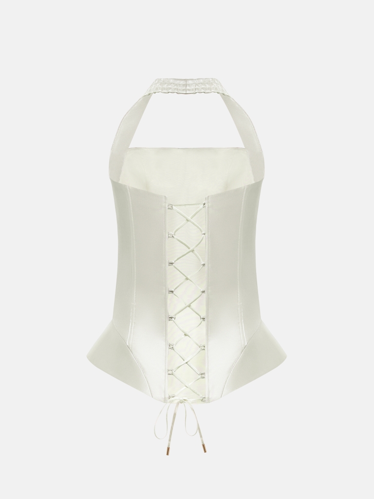 Corset with wide straps in metallic fabric
