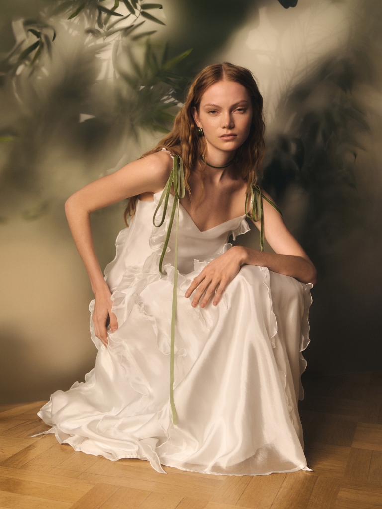 Satin maxi slip dress with small ruffles