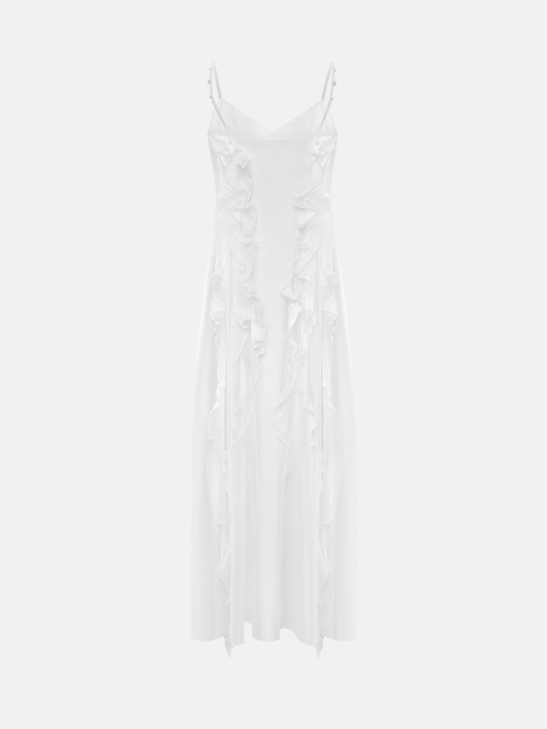 Satin maxi slip dress with small ruffles