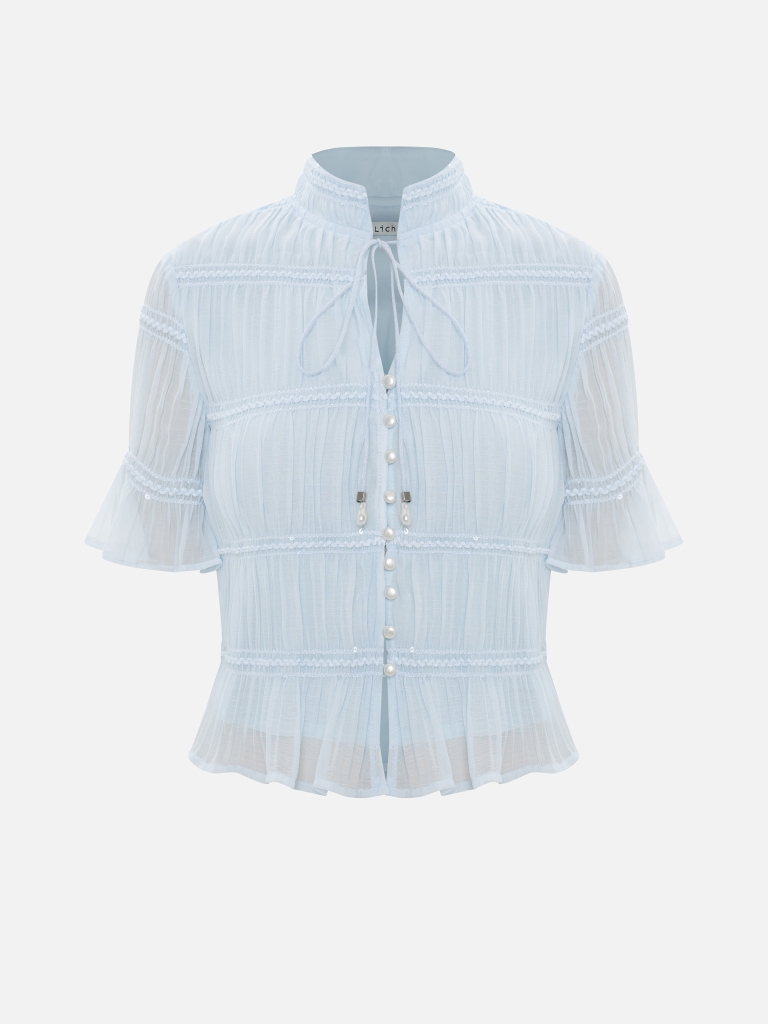 Short-sleeved blouse in crinkled fabric