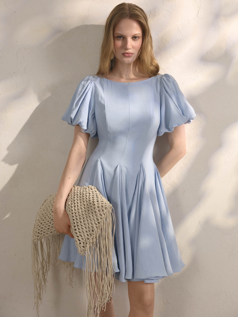 Viscose mini dress with puff sleeves and voluminous skirt