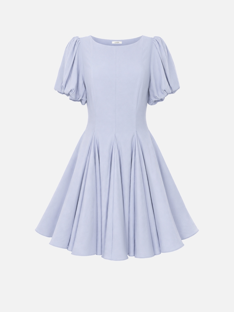 Viscose mini dress with puff sleeves and voluminous skirt