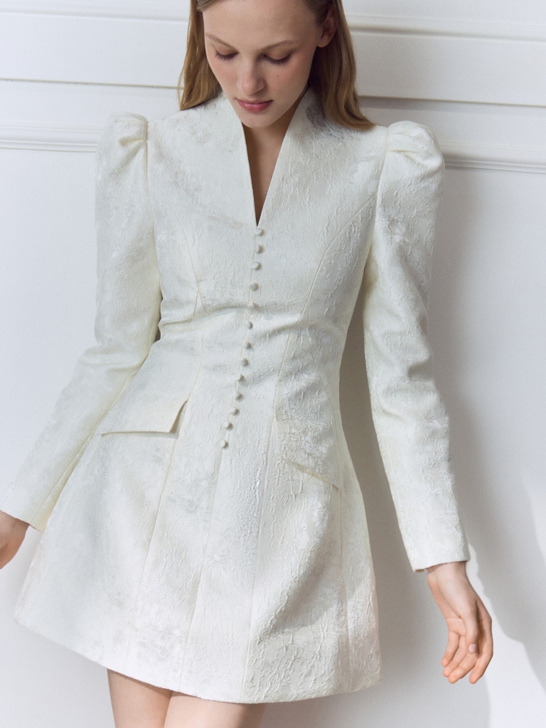 Fitted jacquard mini dress with accentuated shoulders