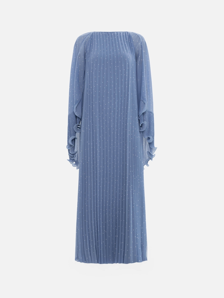 Polka dot chiffon maxi dress with voluminous cape