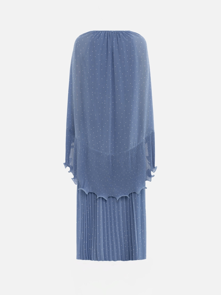 Polka dot chiffon maxi dress with voluminous cape