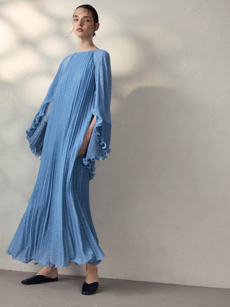 Polka dot chiffon maxi dress with voluminous cape