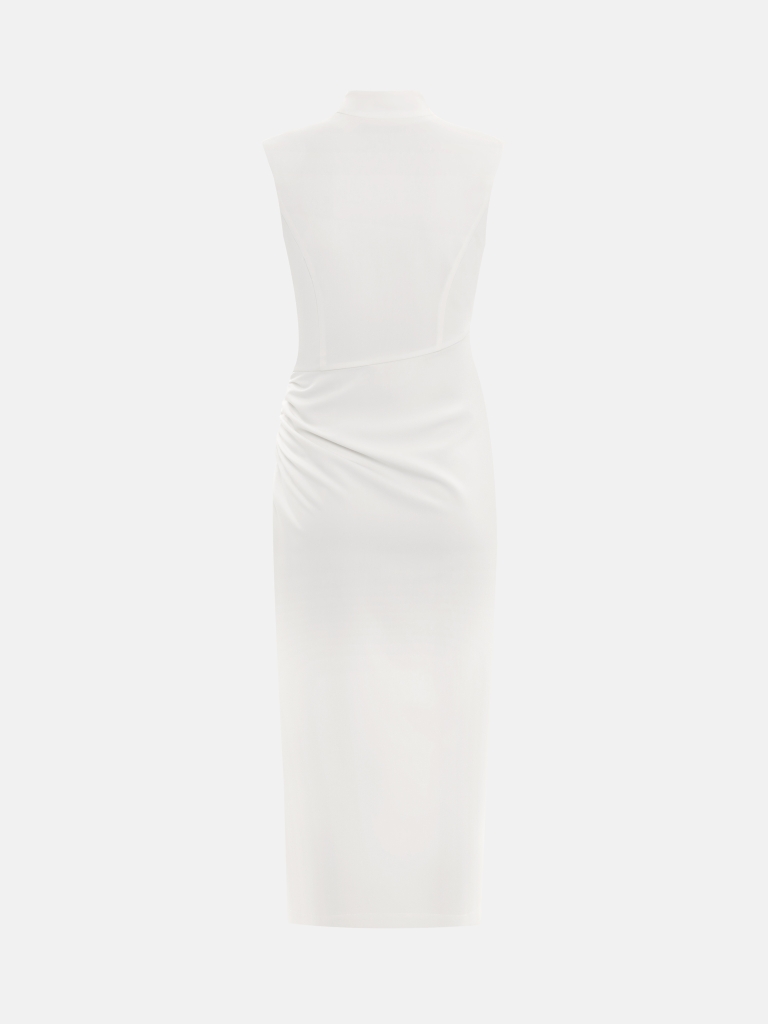 Fitted maxi dress with a stand-up collar and open shoulders