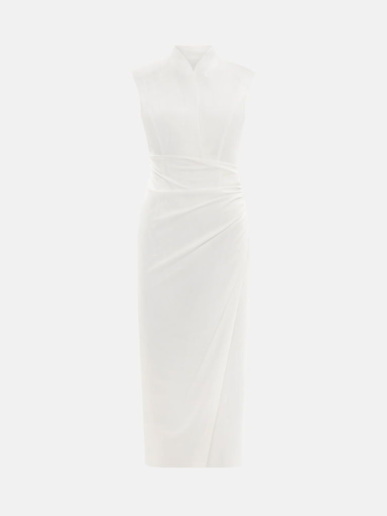 Fitted maxi dress with a stand-up collar and open shoulders