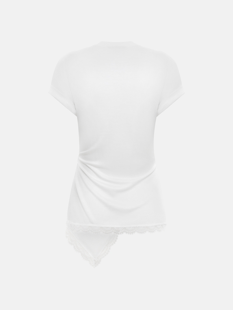 T-shirt long à drapé avec décor en dentelle sur le bord inférieur