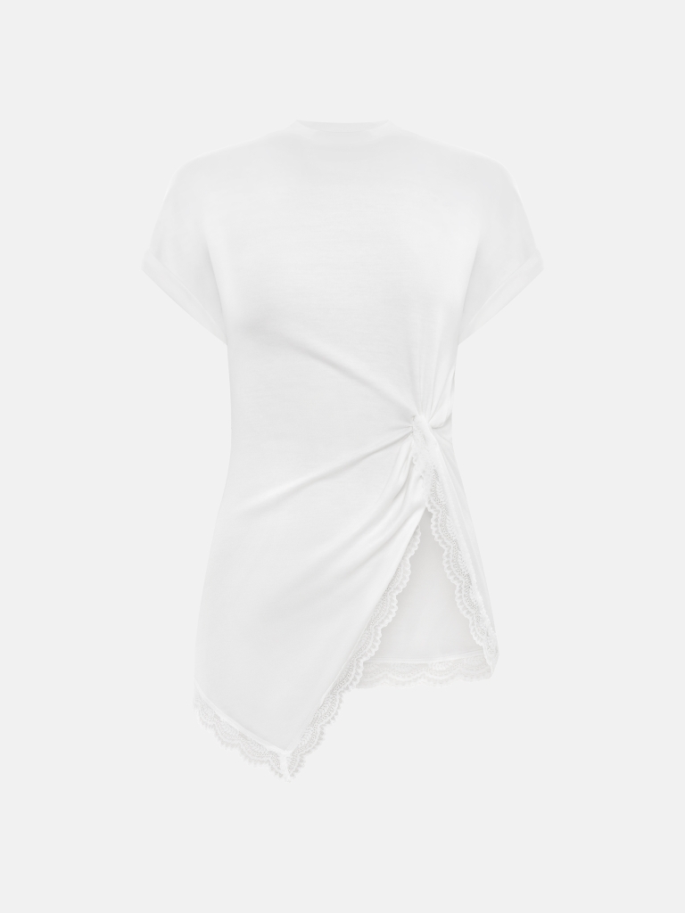 T-shirt long à drapé avec décor en dentelle sur le bord inférieur