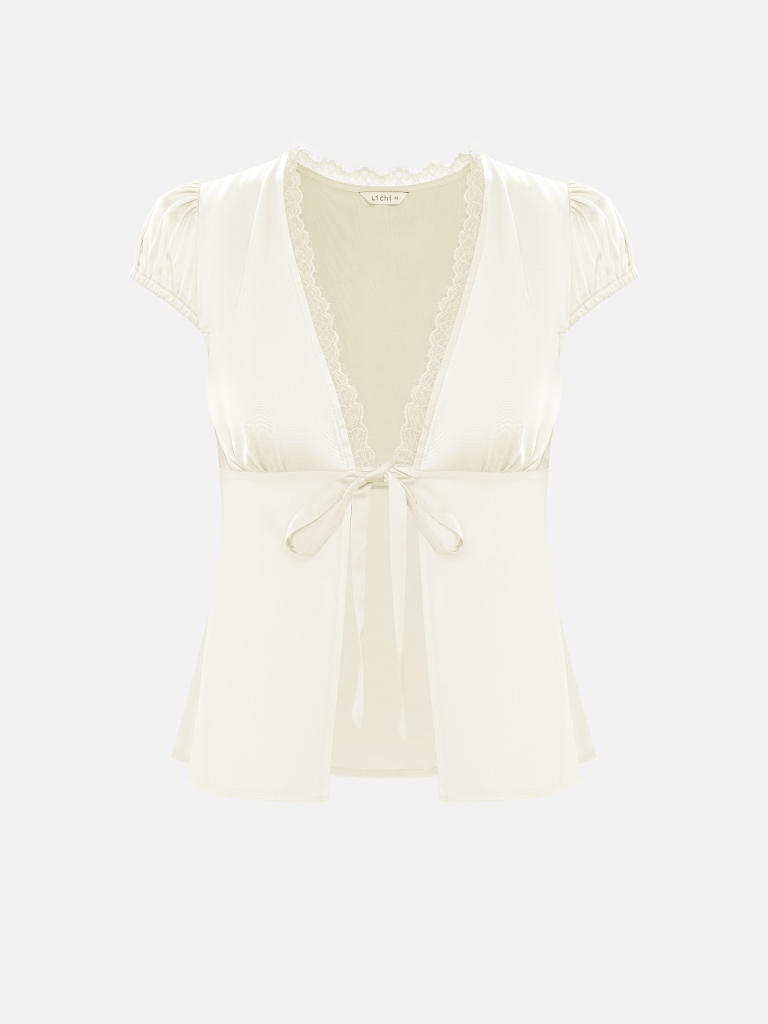 Satin top with ties at the chest and lace detailing