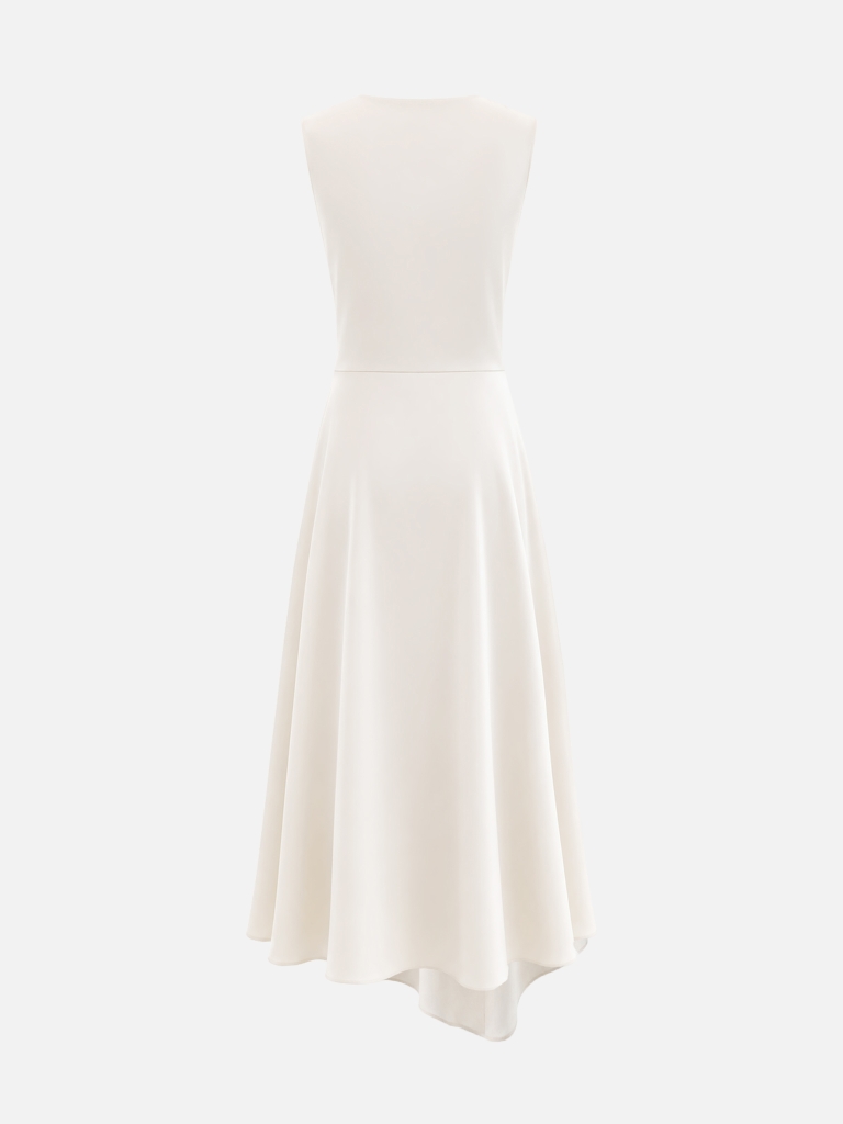 Midi satin dress with draping on the bodice and floral detailing