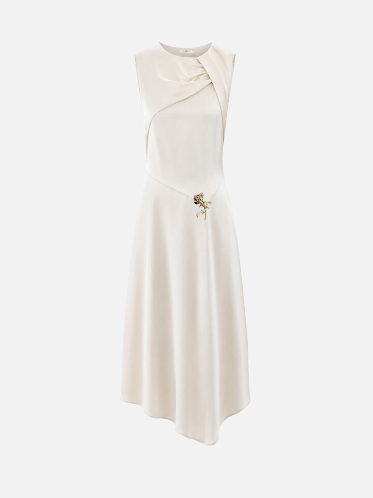 Midi satin dress with draping on the bodice and floral detailing