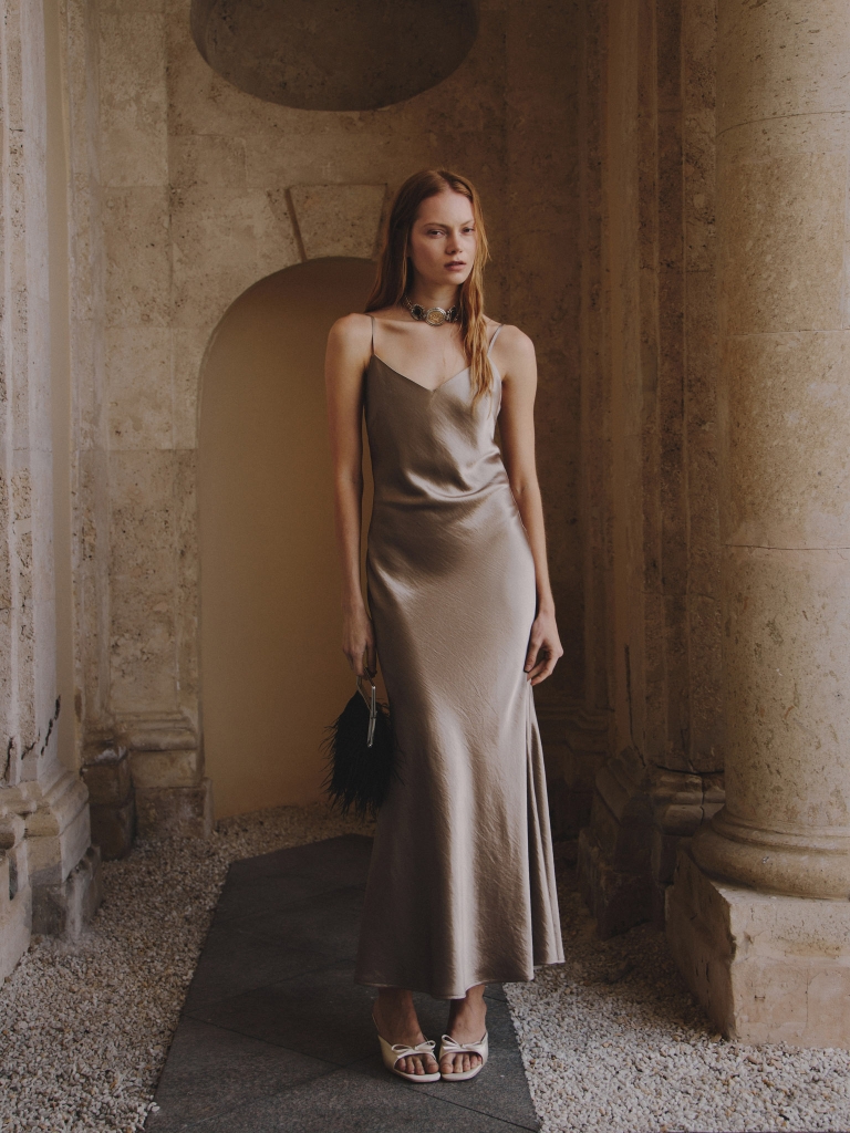 Maxi slip dress in textured satin