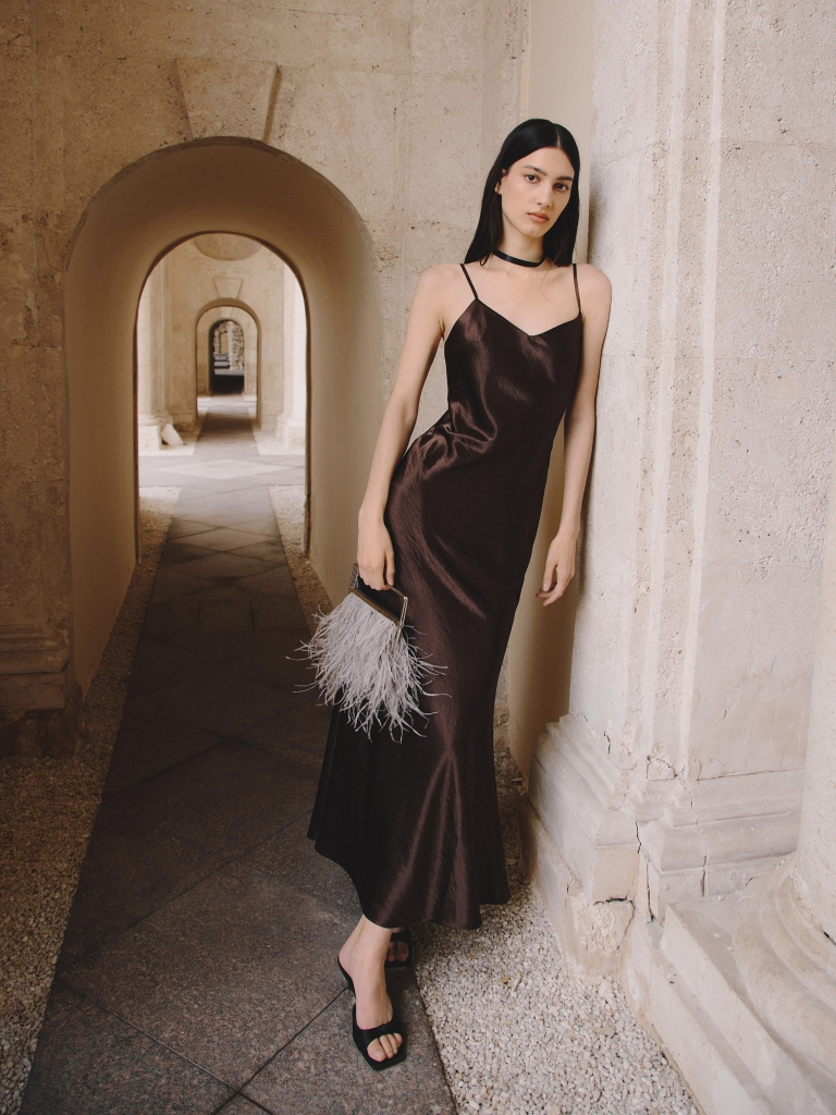 Maxi slip dress in textured satin