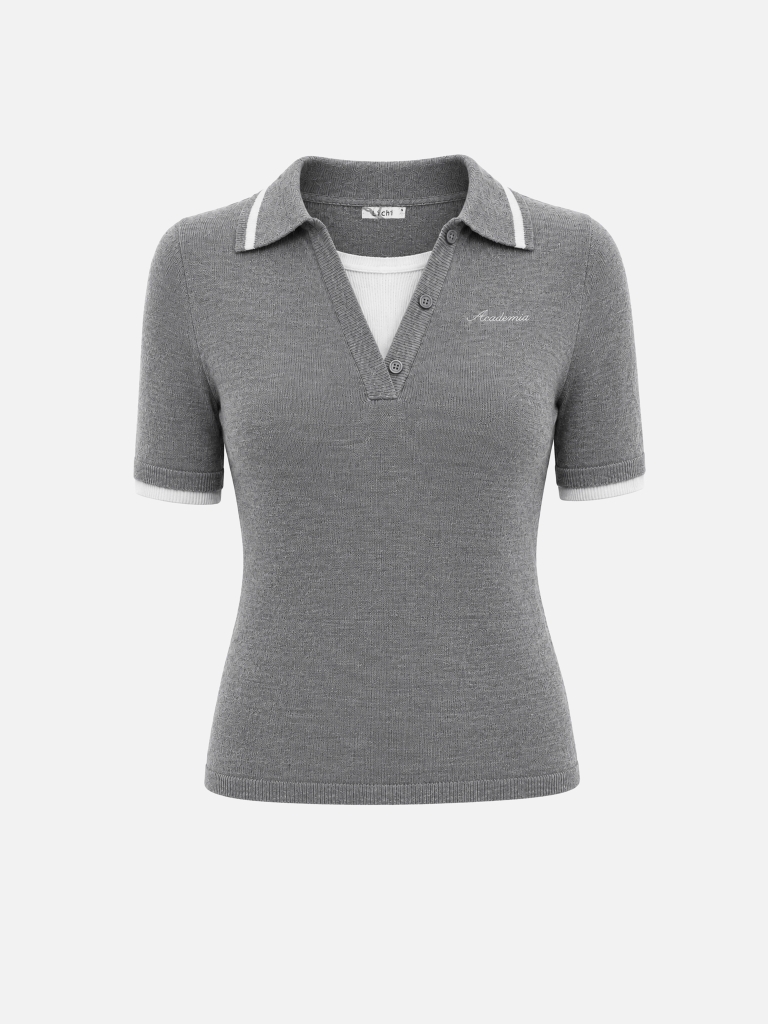 Knitted polo shirt with a layered effect and chest embroidery