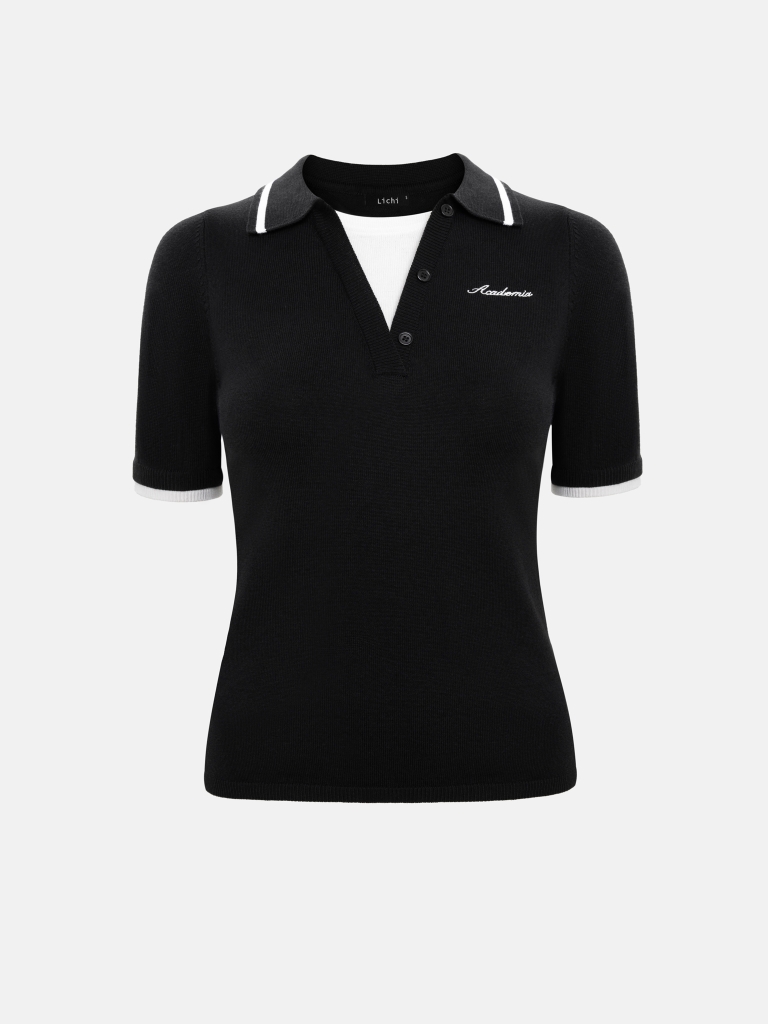 Knitted polo shirt with a layered effect and chest embroidery